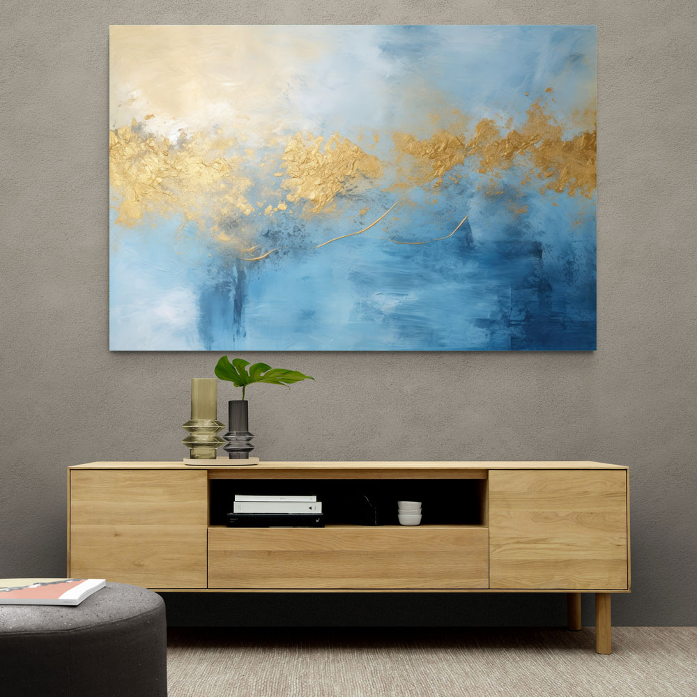 Gold Stroke on Blue Abstract Wall Art