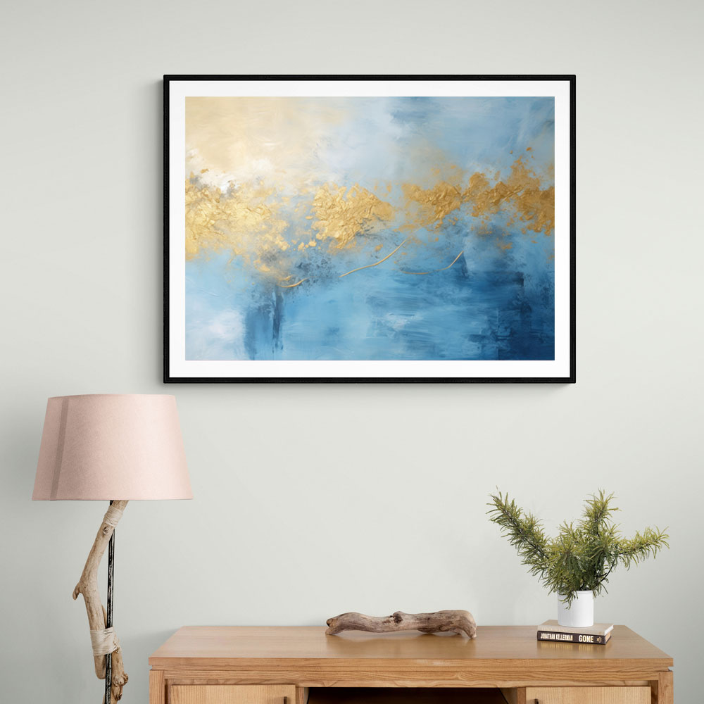 Gold Stroke on Blue Abstract Wall Art