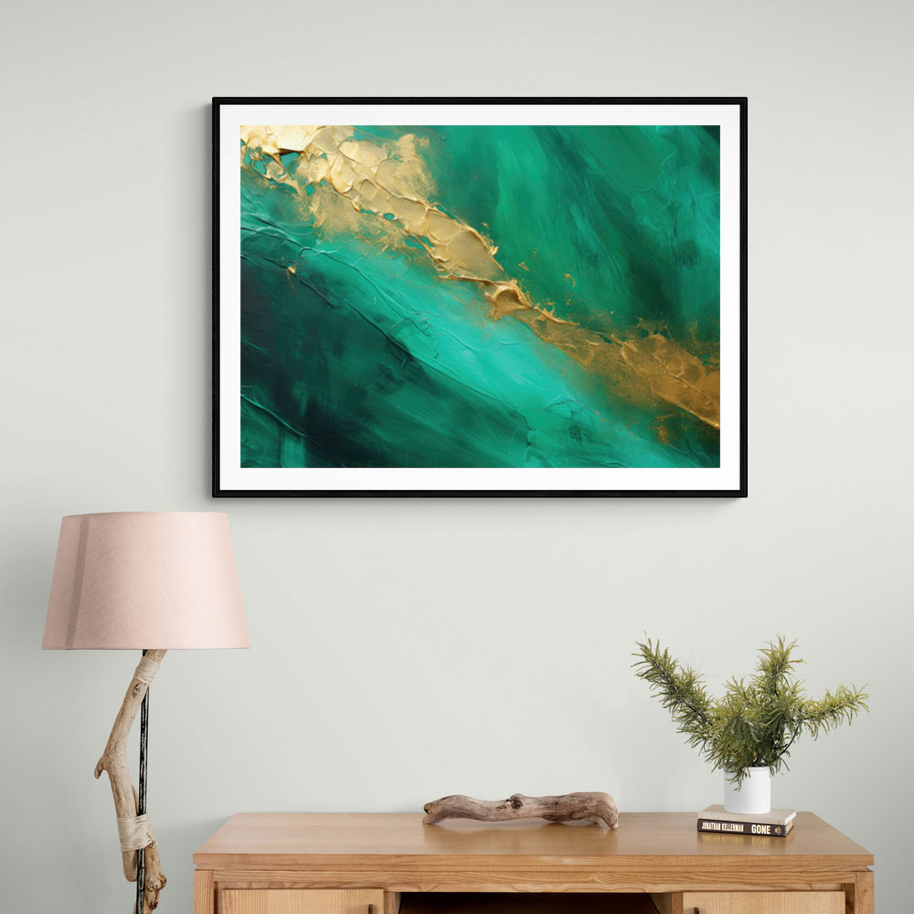 Gold Stroke on Emerald Green Abstract Wall Art