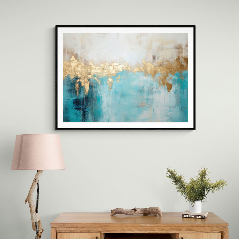 Gold Stroke on Turquoise Abstract 22 Wall Art