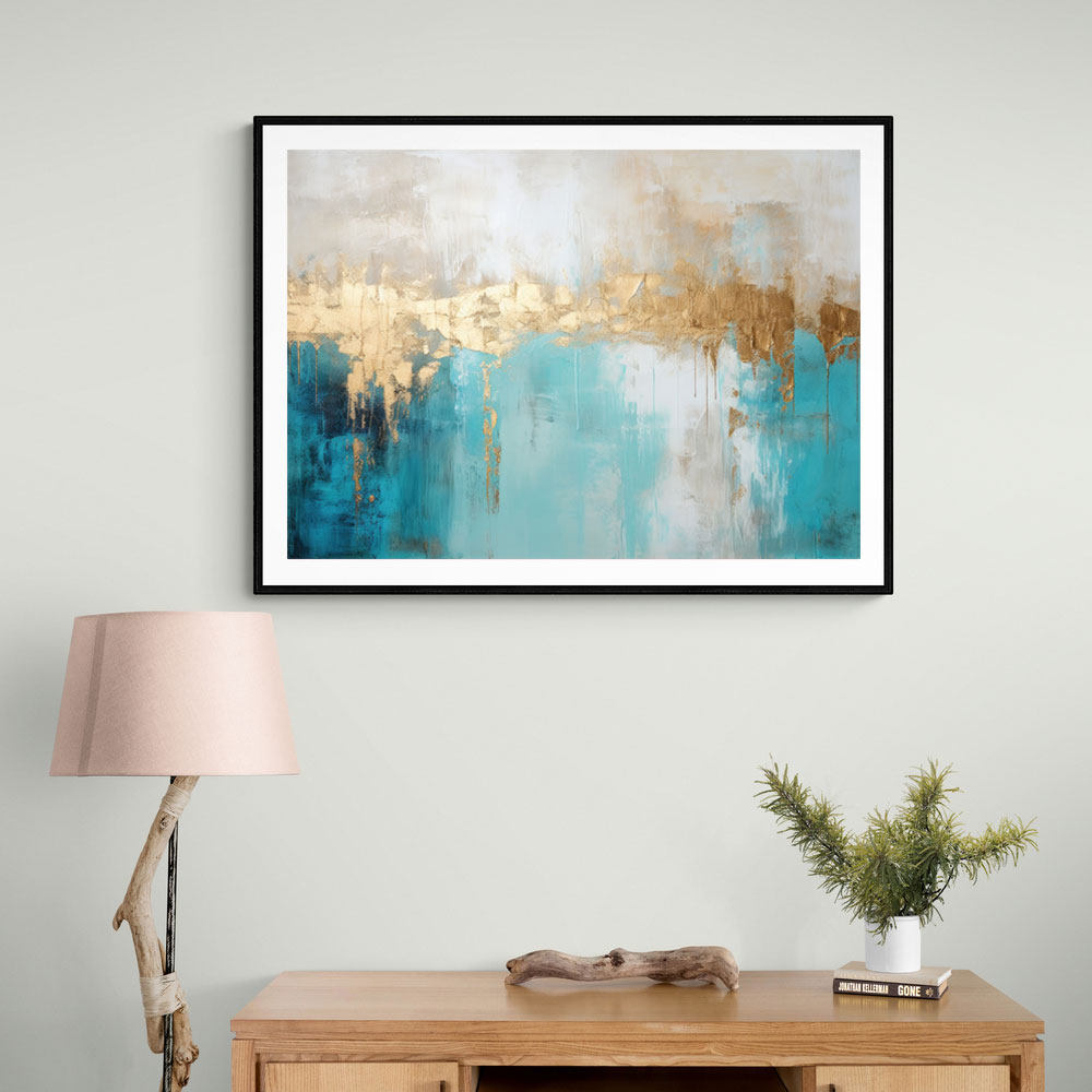 Gold Stroke on Turquoise Abstract 24 Wall Art