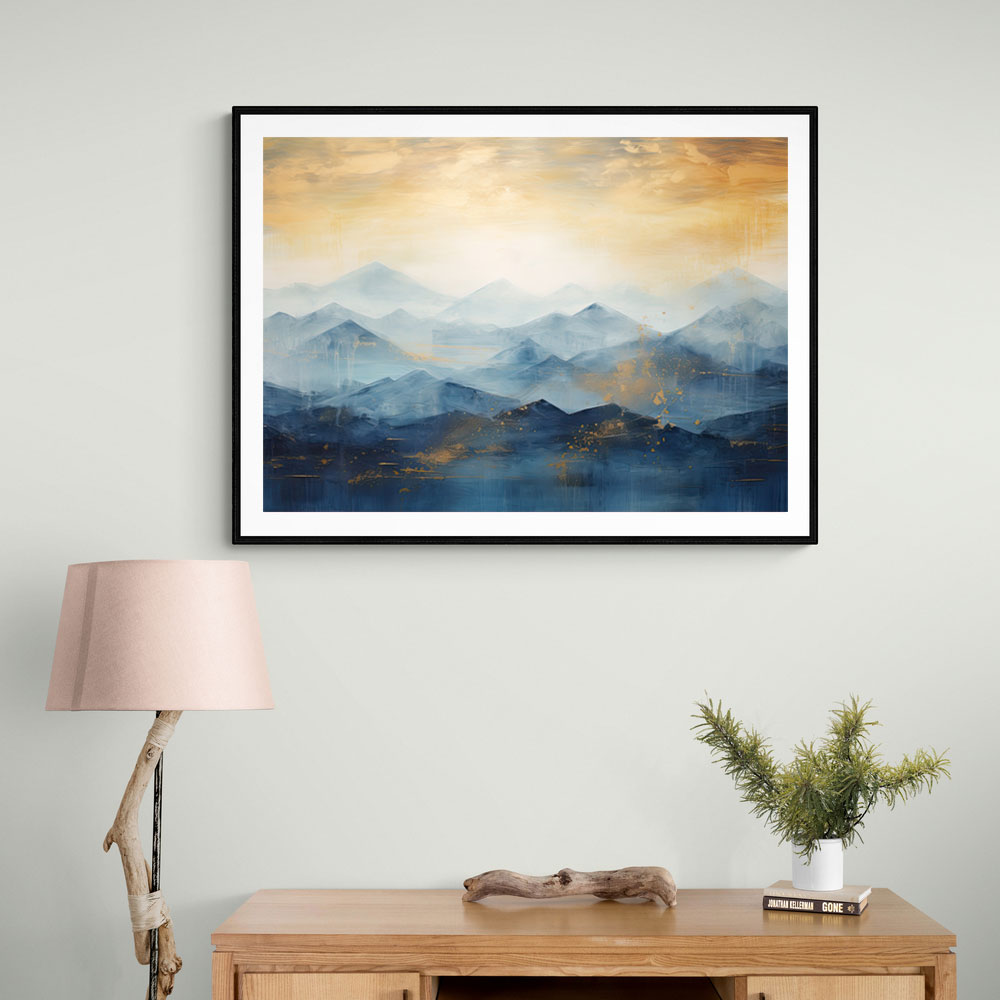 Mountains in Blue & Gold Abstract Wall Art