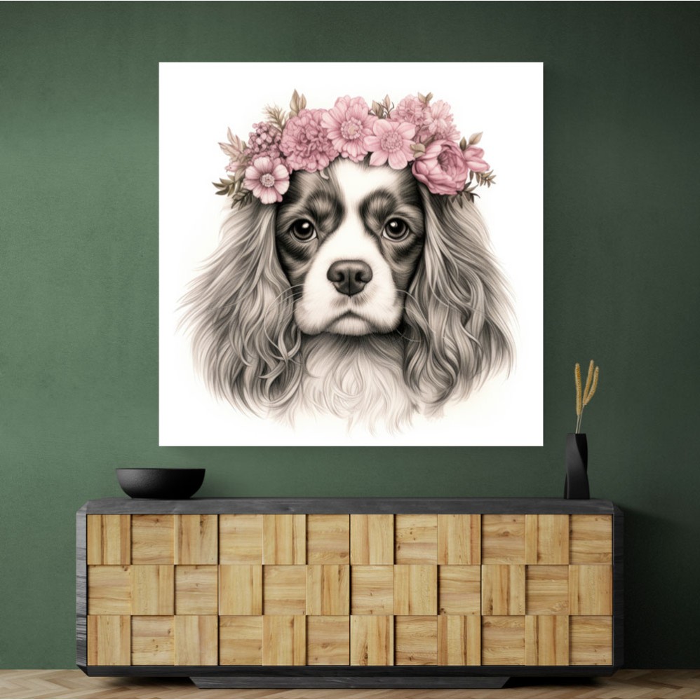 Cavalier King Charles Spaniel Pink Flowers Wall Art