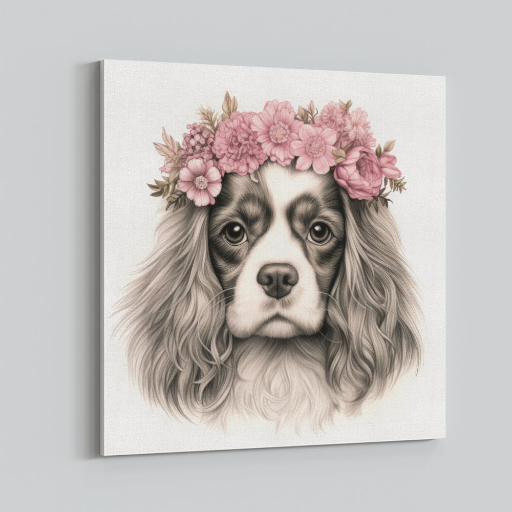 Cavalier King Charles Spaniel Pink Flowers Wall Art