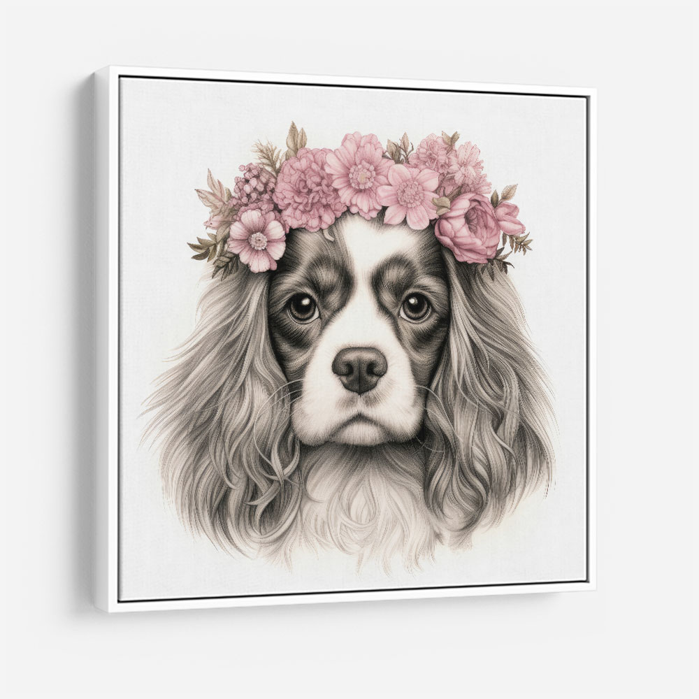 Cavalier King Charles Spaniel Pink Flowers Wall Art