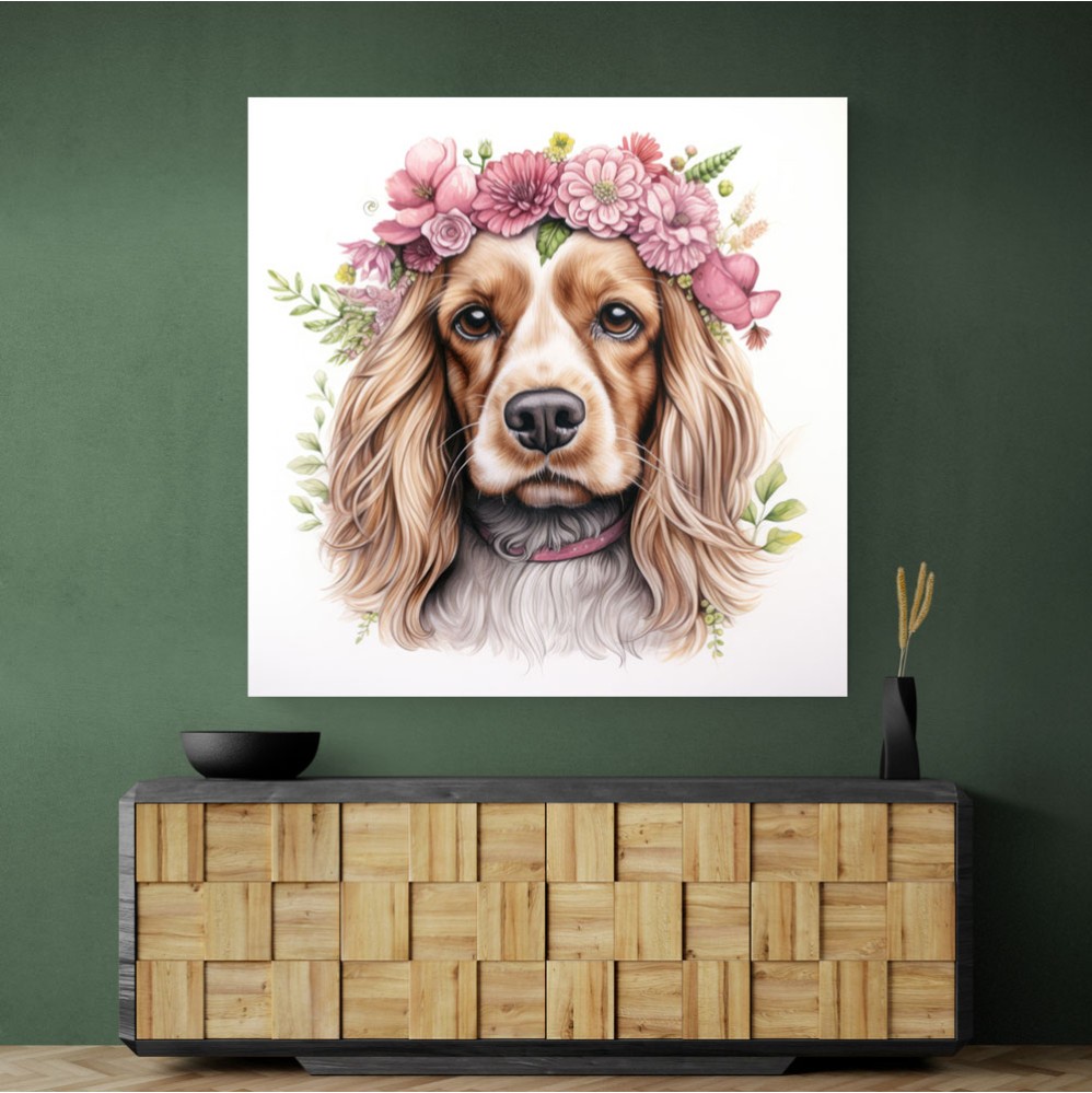 Cocker Spaniel Pink Flowers Wall Art