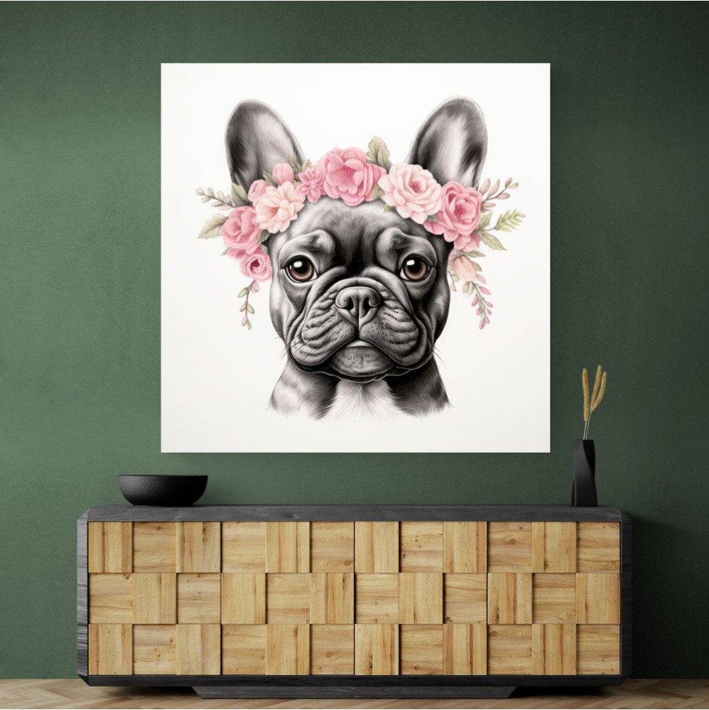 French Bulldog With Pink Flowers Wall Art