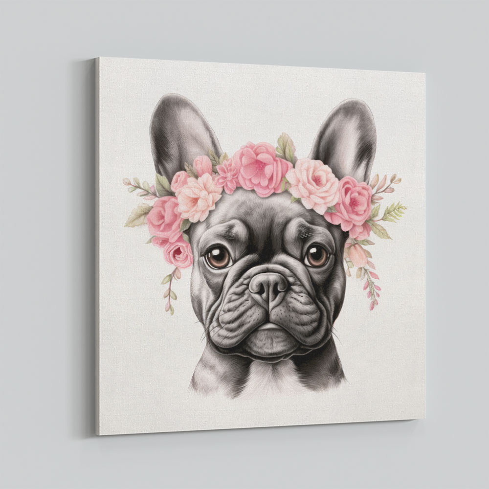 French Bulldog With Pink Flowers Wall Art