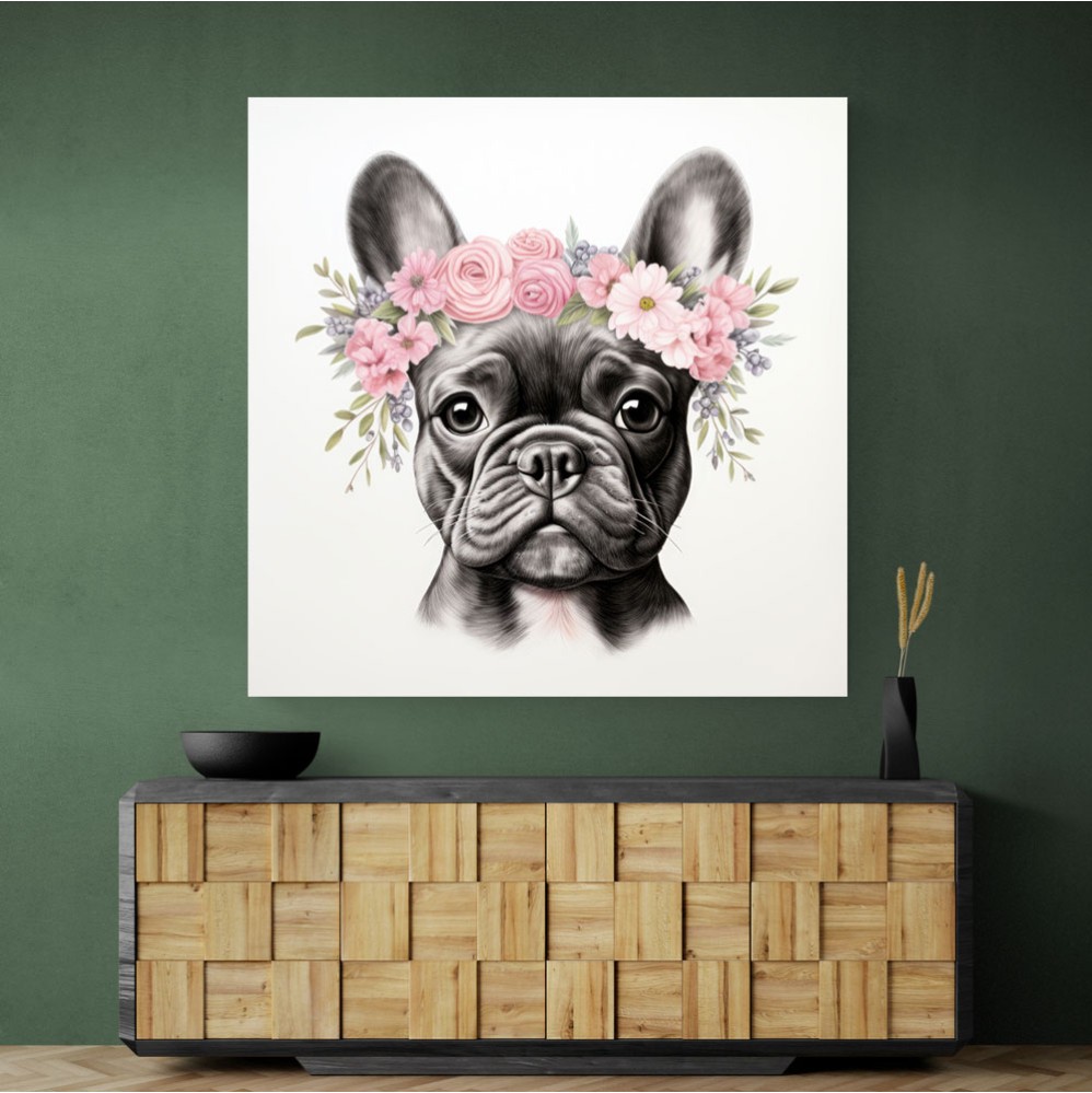 French Bulldog With Pink Flowers 2 Wall Art