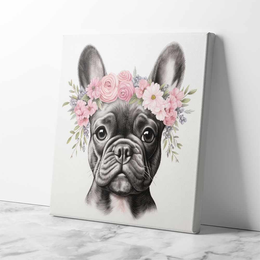 French Bulldog With Pink Flowers 2 Wall Art
