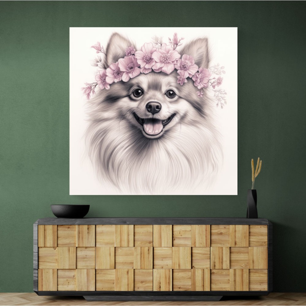 Pomeranian Dog in Pink Flowers Wall Art