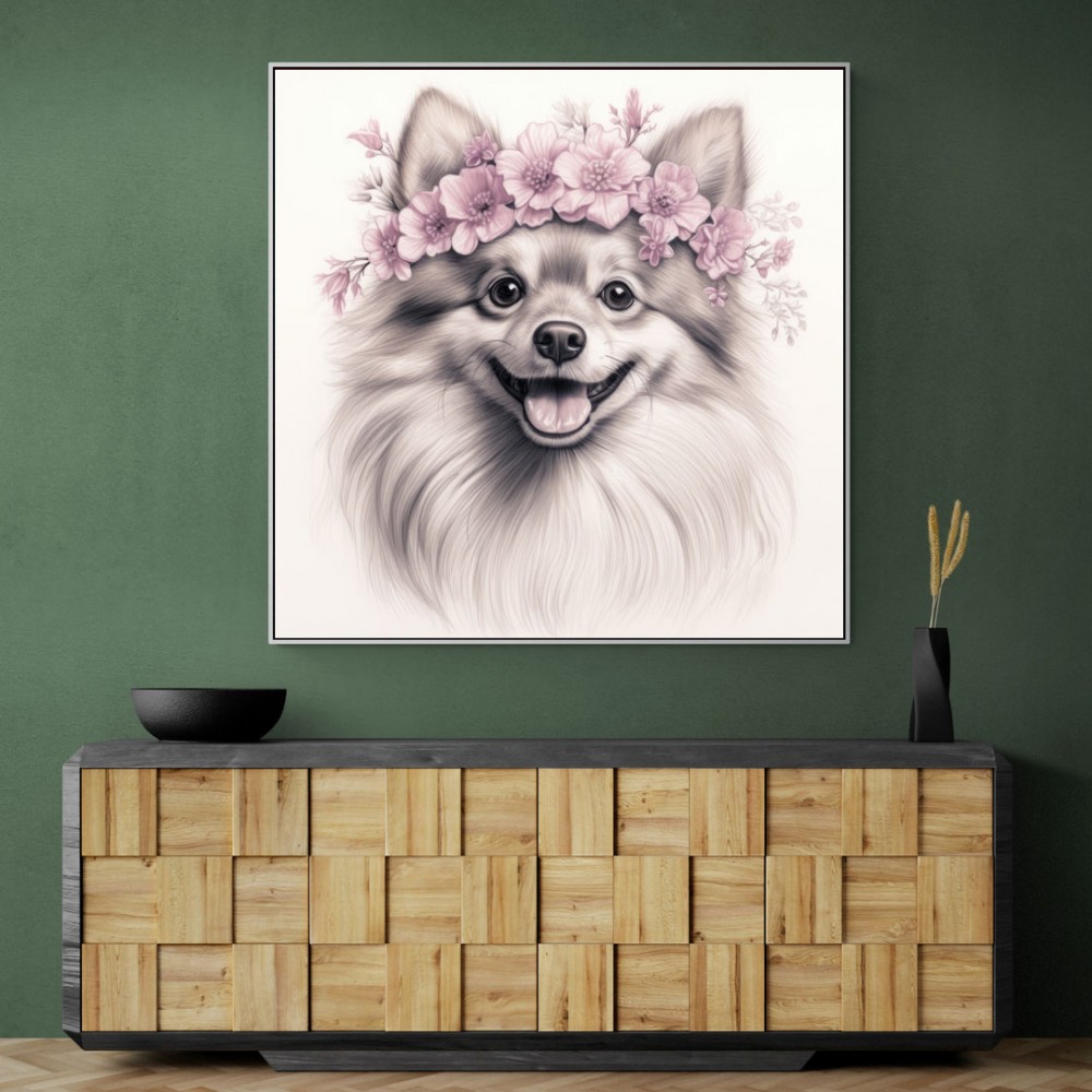 Pomeranian Dog in Pink Flowers Wall Art