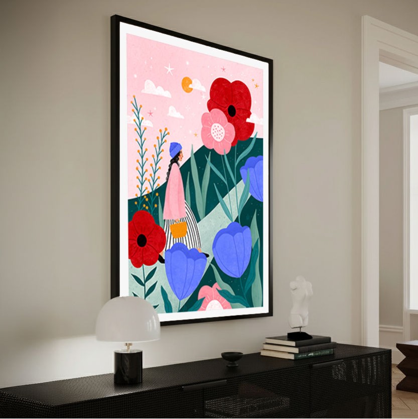 Woman Walking in Flower Garden