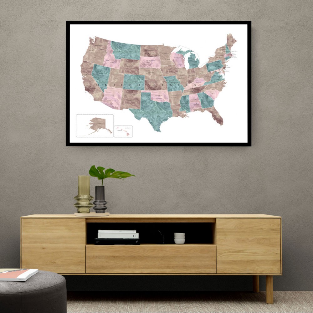 Pink and teal watercolor map of the US