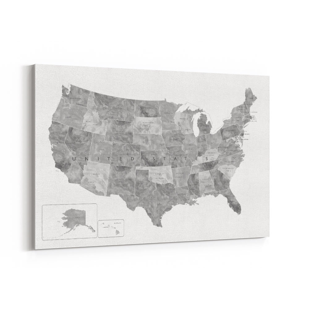 Gray watercolor map of the US
