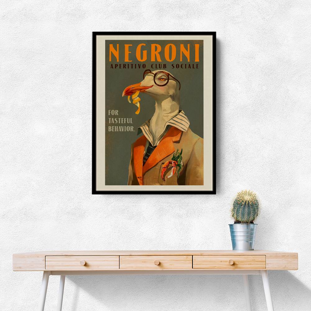 Vintage Art Deco Negroni Poster Of A Fancy Seagull Wall Art