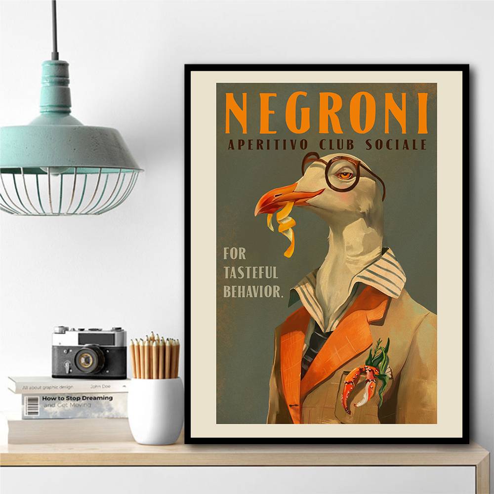 Vintage Art Deco Negroni Poster Of A Fancy Seagull Wall Art