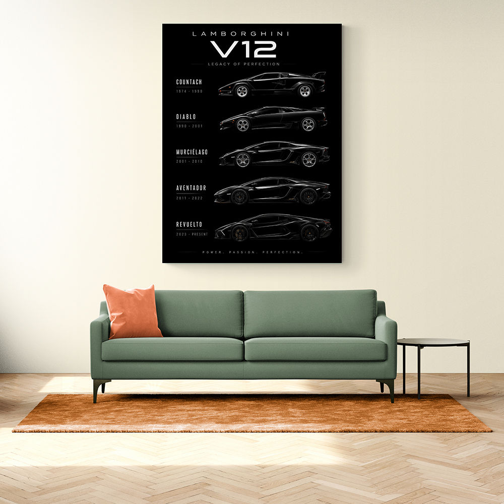 Lamborghini V12 Generations Black Cars Art Print