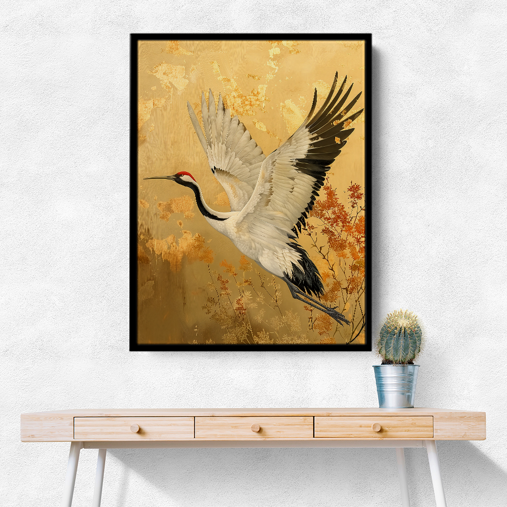 Japanese Crane In Flight Japandi Style Wall Art