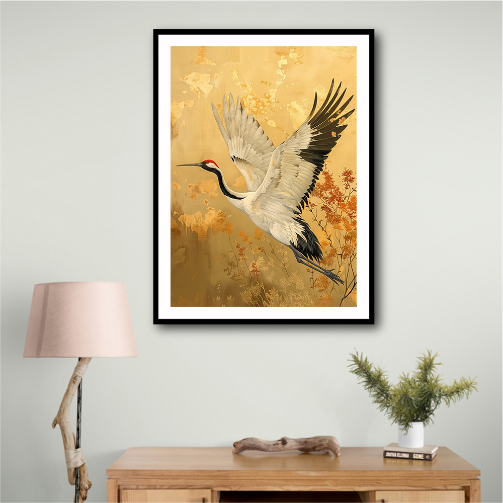 Japanese Crane In Flight Japandi Style Wall Art